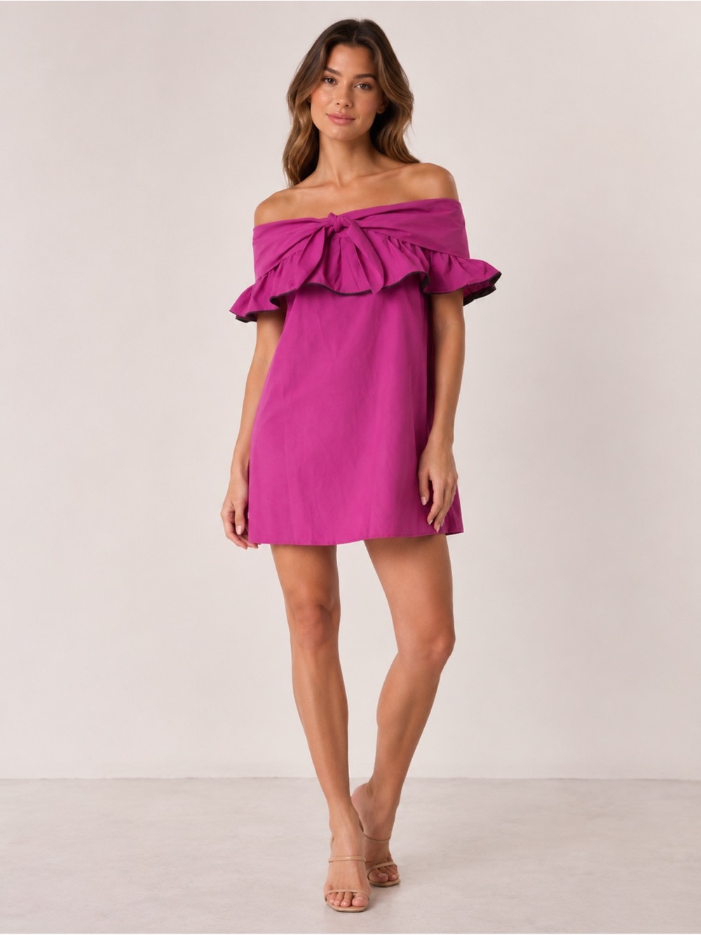 Line & Dot Lorena Fuchsia Off-Shoulder Ruffle Cotton Mini Dress Women’s Large